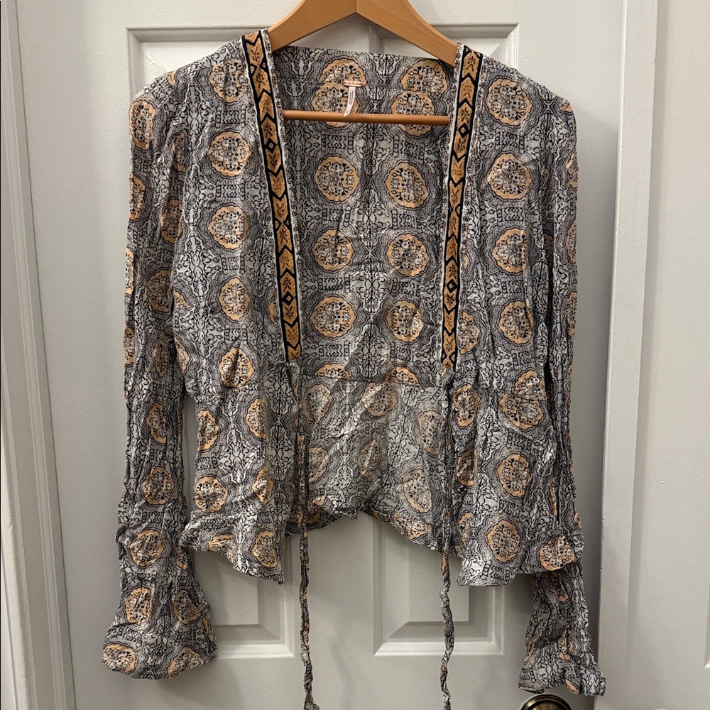 Free People Paisley Print Belle Sleeve Tie Front Blouse
